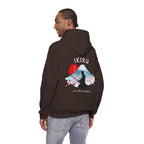Brown hoodie with 'IKIRU' and mountain, samurai, and blossom tree design on the back saying 'un-influenceable' against a white background
