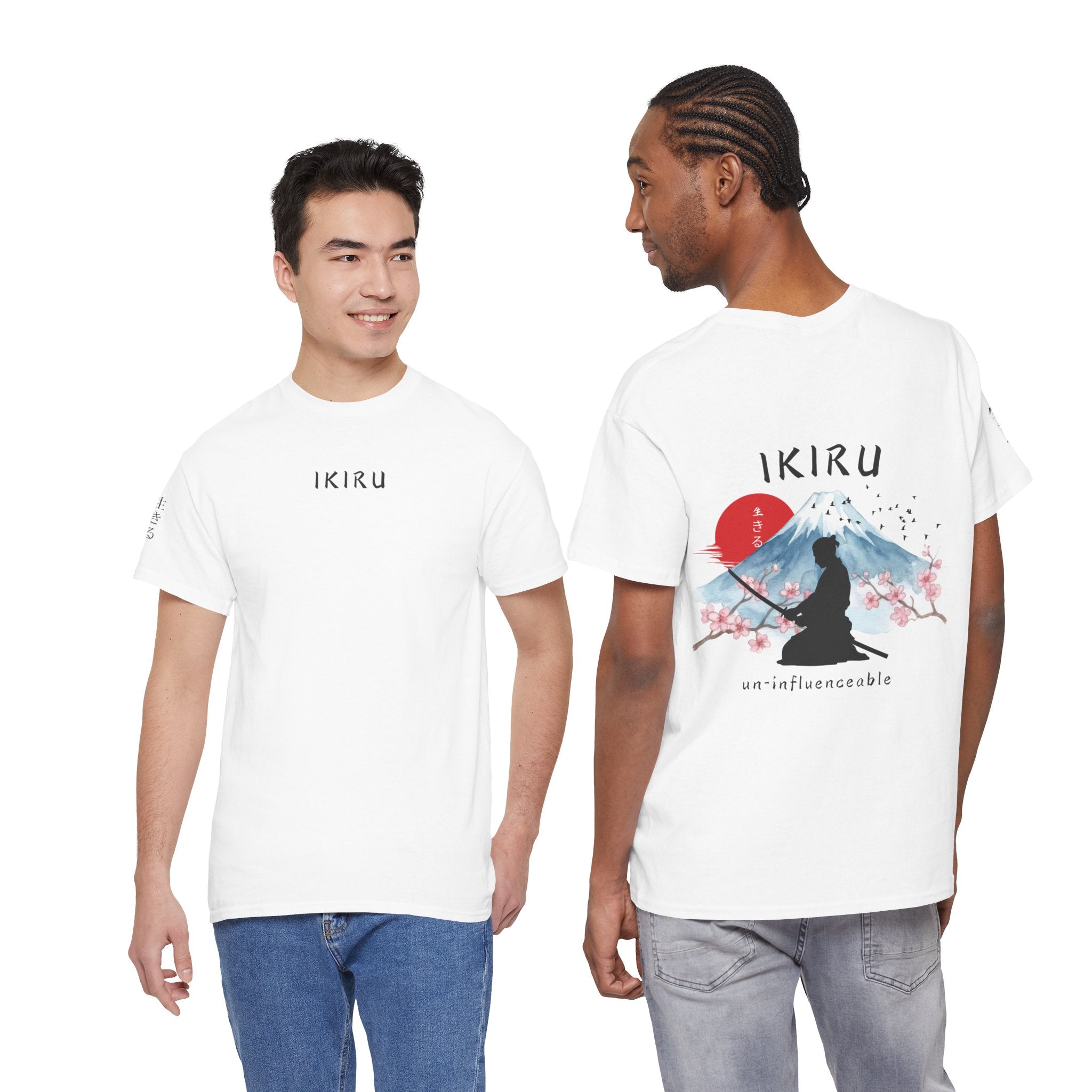 Two men wearing white t-shirts with IKIRU designs on a white background