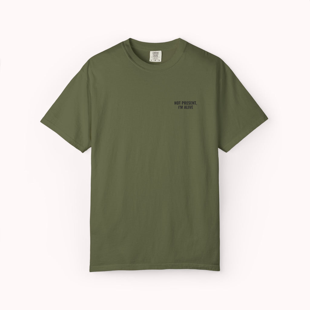 Green t-shirt with a small logo on a white background