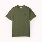 Green t-shirt with a small logo on a white background