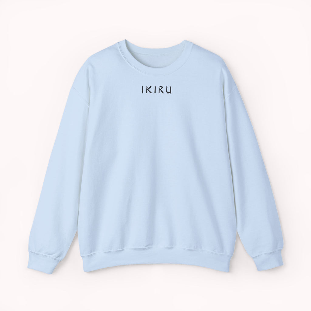 Light blue sweatshirt with 'IKIRU' text on a white background