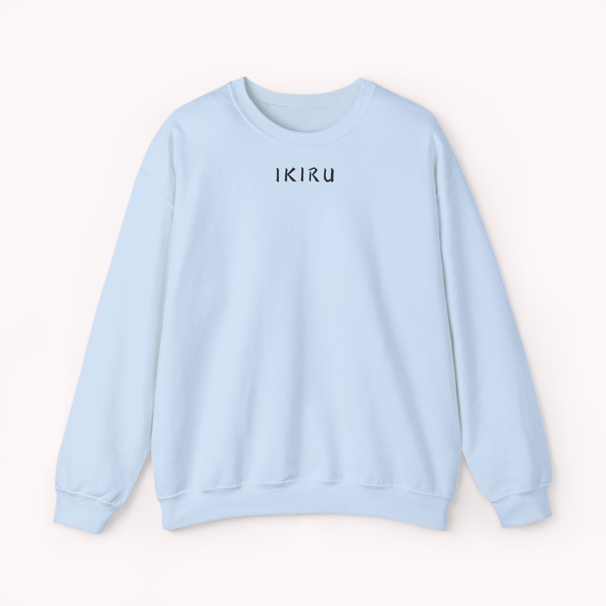Light blue sweatshirt with 'IKIRU' text on a white background