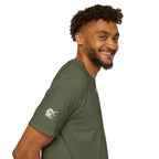 Man wearing a green t-shirt with a logo on a white background