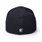 Navy cap with a small logo on a white background