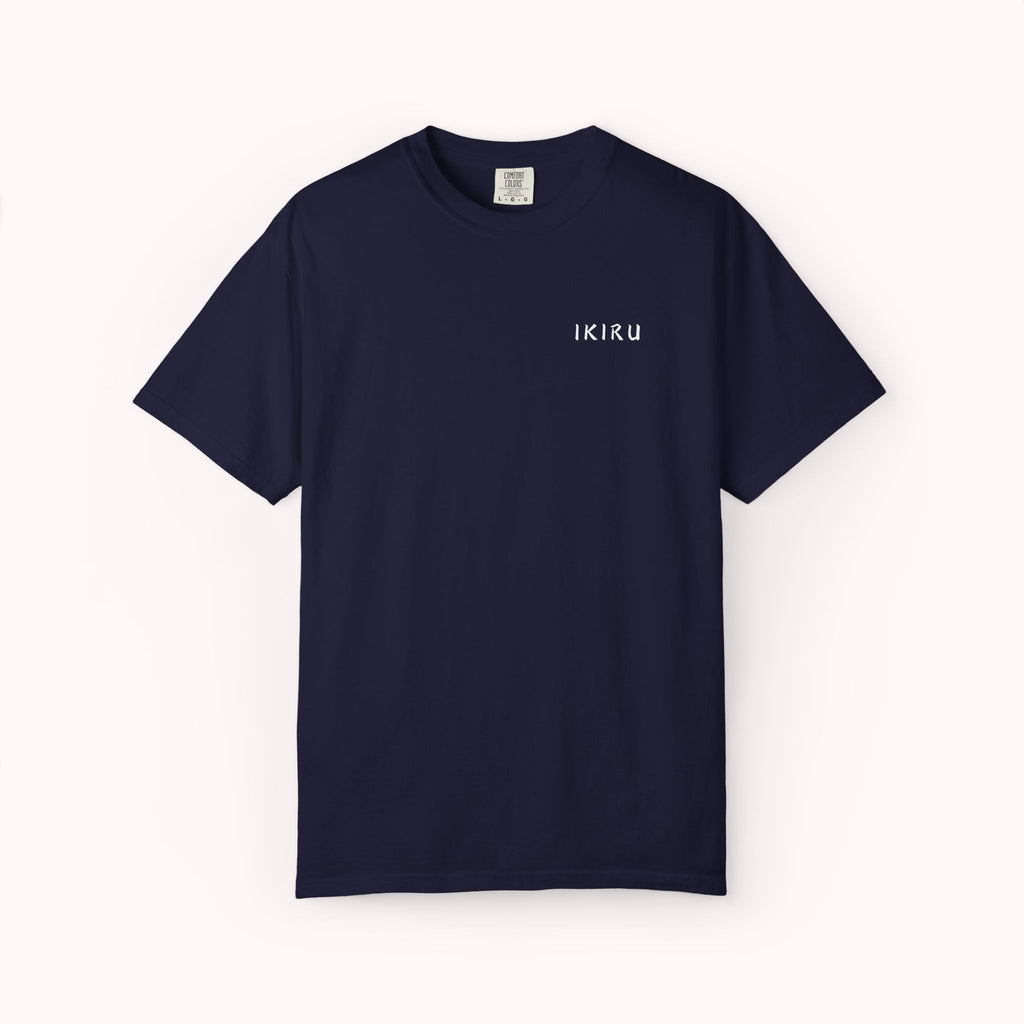 Navy blue t-shirt with a small white logo on a white background