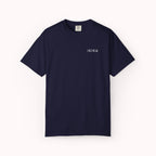 Navy blue t-shirt with a small white logo on a white background