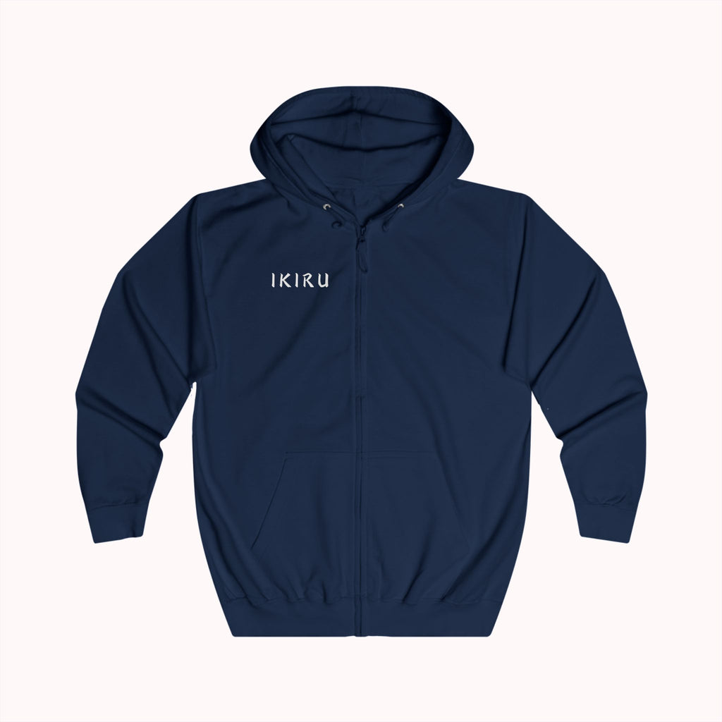 Navy blue hoodie with 'IKIRU' logo on a white background