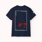 Navy t-shirt with Japanese cherry blossom design from 'IKIRU CLOTHING' on a white background