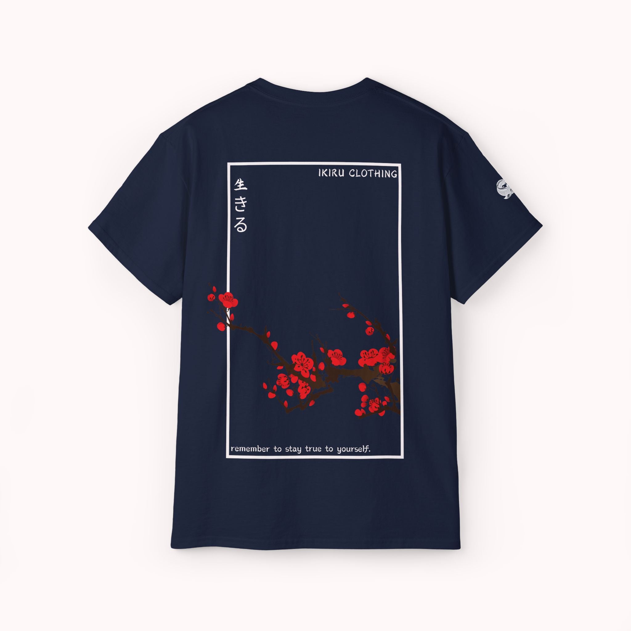 Navy t-shirt with Japanese cherry blossom design from 'IKIRU CLOTHING' on a white background