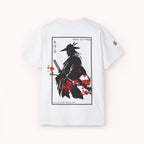 White t-shirt with a japanese samurai and blossom graphic design from 'IKIRU CLOTHING' on a white background
