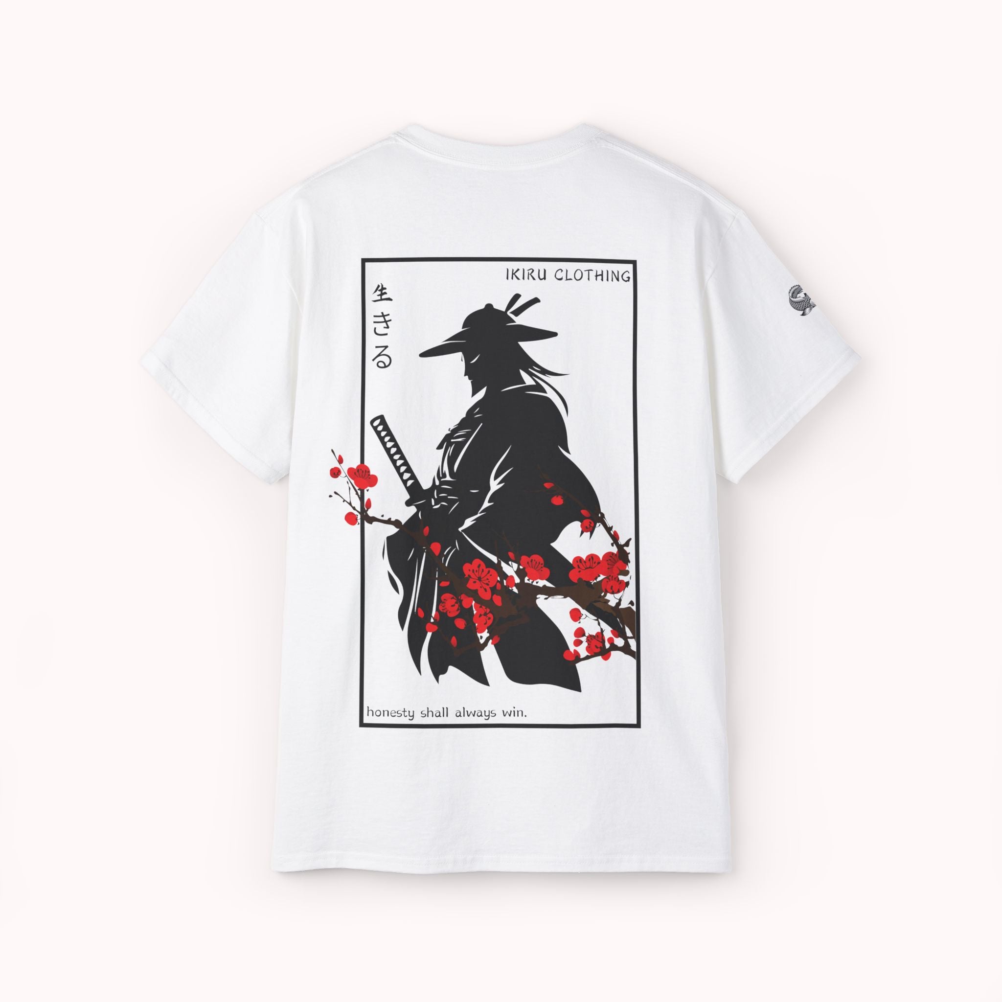 White t-shirt with a japanese samurai and blossom graphic design from 'IKIRU CLOTHING' on a white background