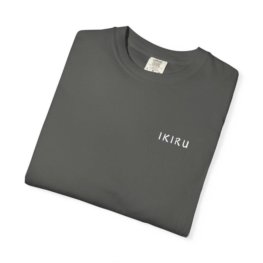Folded grey t-shirt with a logo on a white background