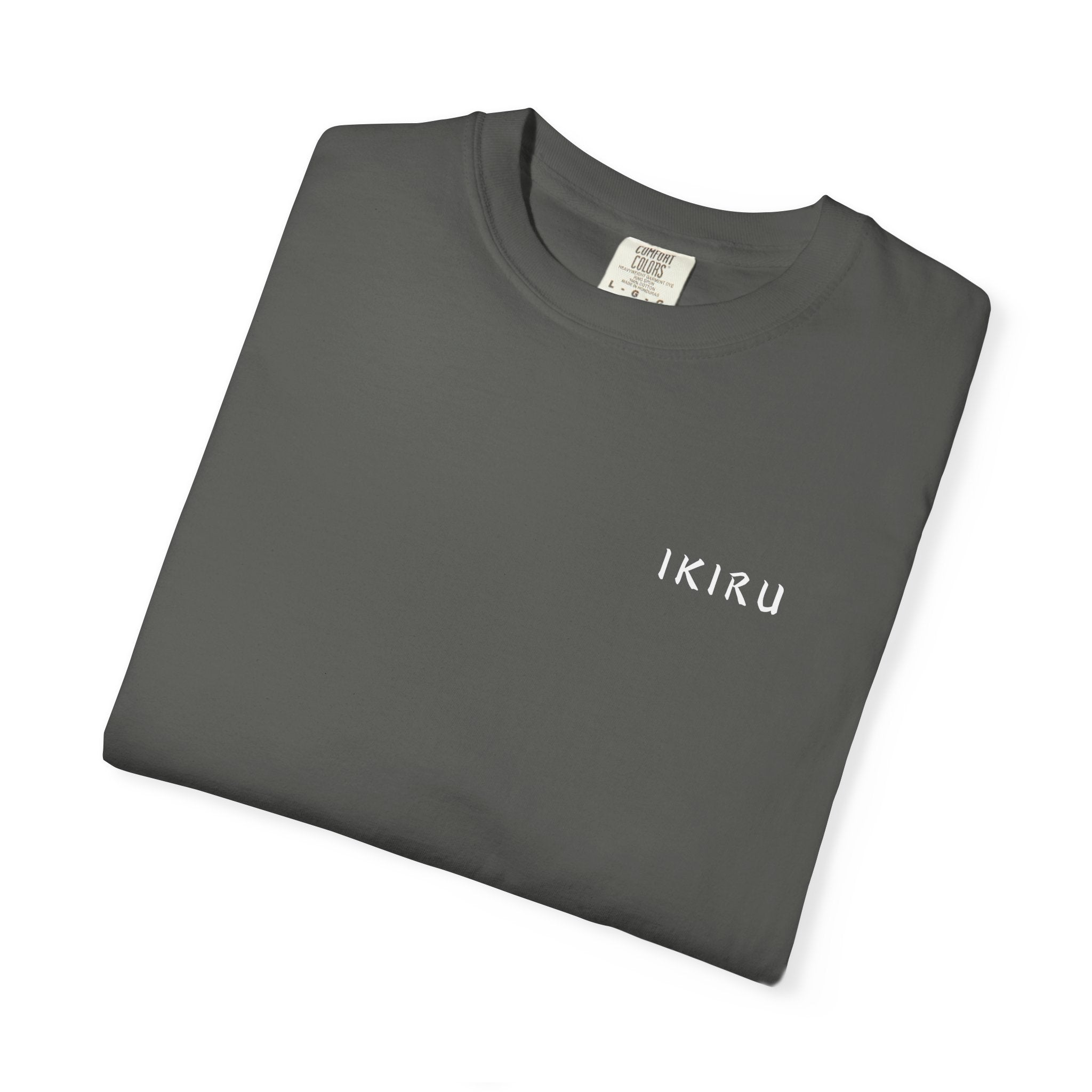 Folded grey t-shirt with a logo on a white background