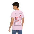 Person wearing a pink t-shirt with a graphic design on the back, standing against a white background