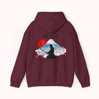 Maroon red hoodie with 'IKIRU' and mountain, samurai, and blossom tree design on the back saying 'un-influenceable' against a white background