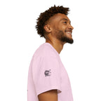 Person wearing a pink t-shirt with IKIRU logo on a white background