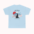 Light blue t-shirt with Japanese mountain, samurai, blossom and IKIRU on the back on a white background