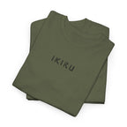 Folded black t-shirt with an IKIRU logo on a white background
