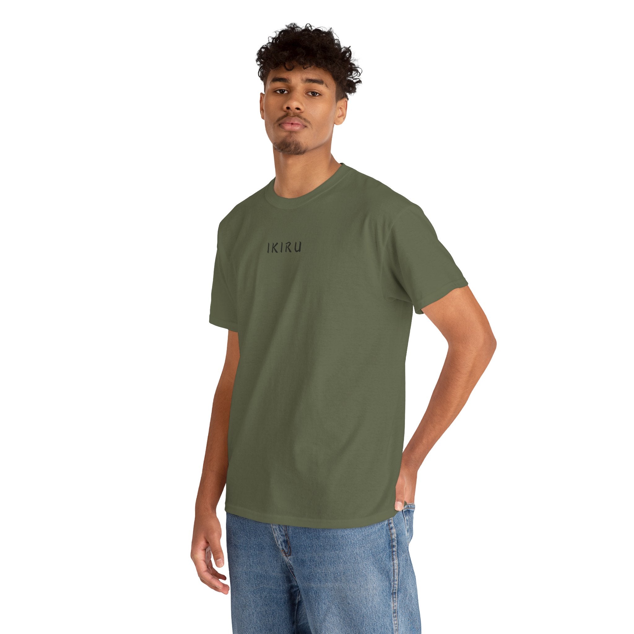 Man wearing a green t-shirt with an IKIRU logo on a white background
