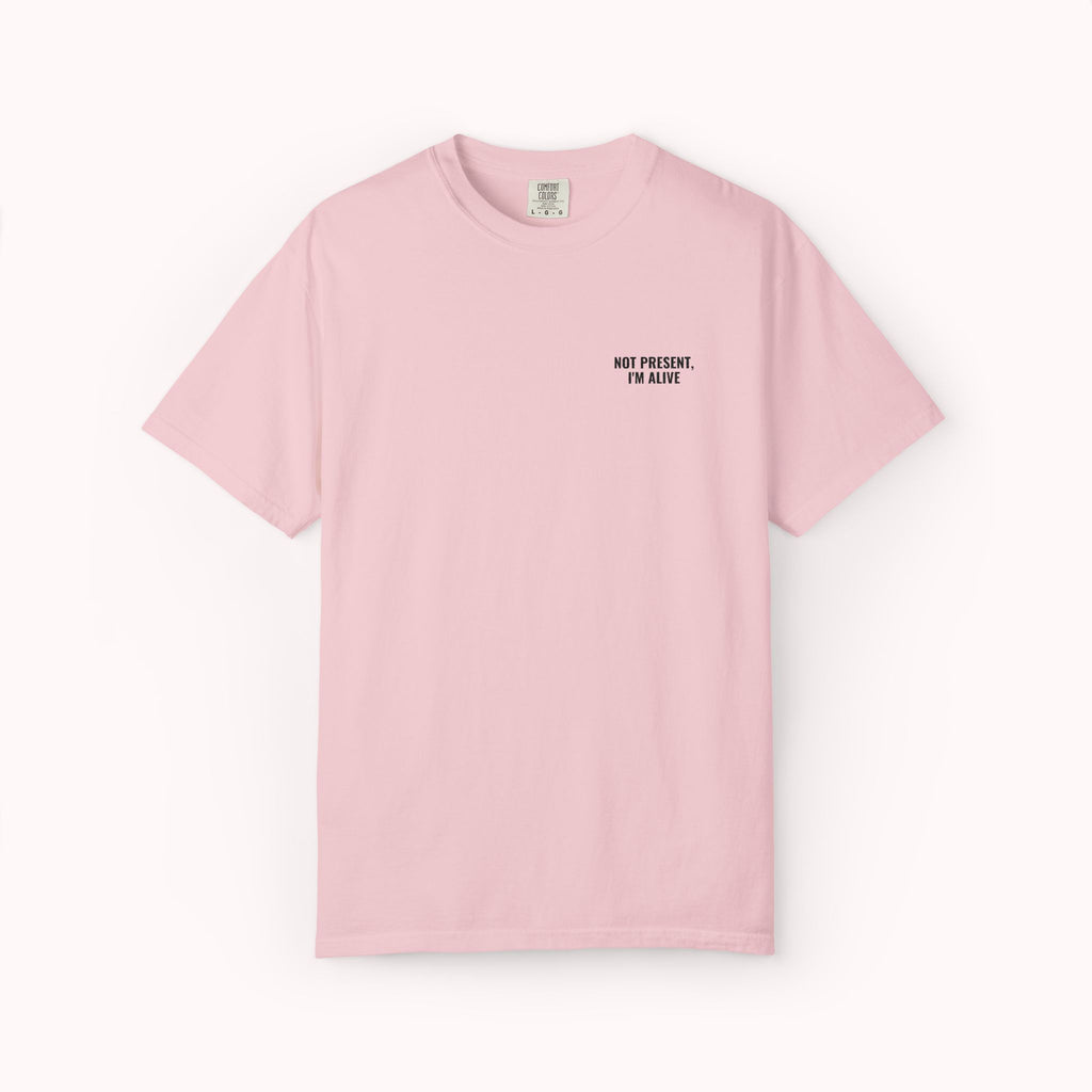 Pink t-shirt with text on a white background