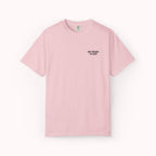 Pink t-shirt with text on a white background