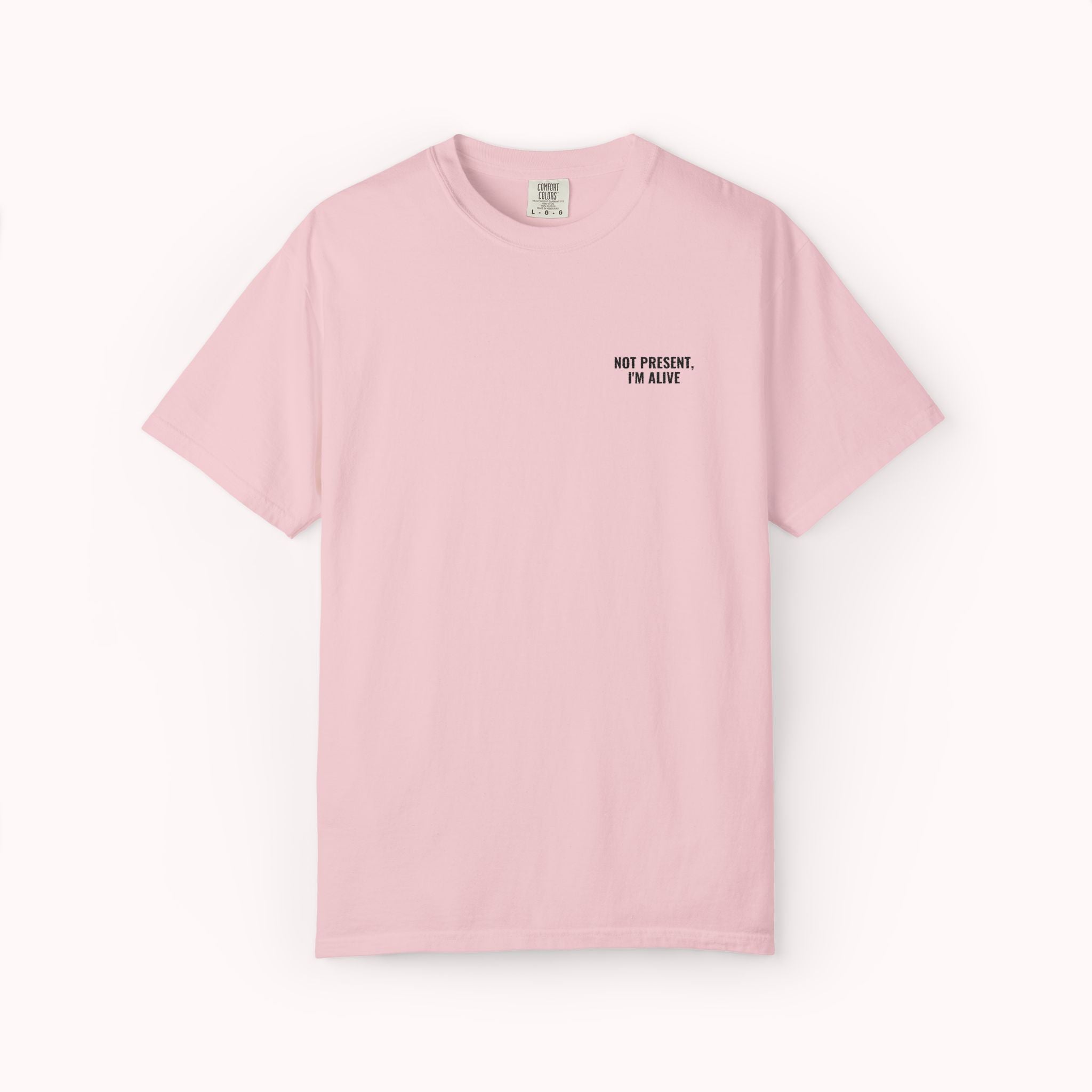 Pink t-shirt with text on a white background
