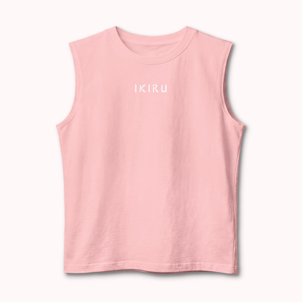 Pink sleeveless shirt with a white logo on a white background