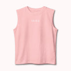 Pink sleeveless shirt with a white logo on a white background