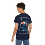 Person wearing a navy t-shirt with a colorful koi fish design and 'IKIRU CLOTHING' branding on a white background