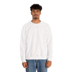 Person wearing a white sweatshirt with IKIRU logo on a white background