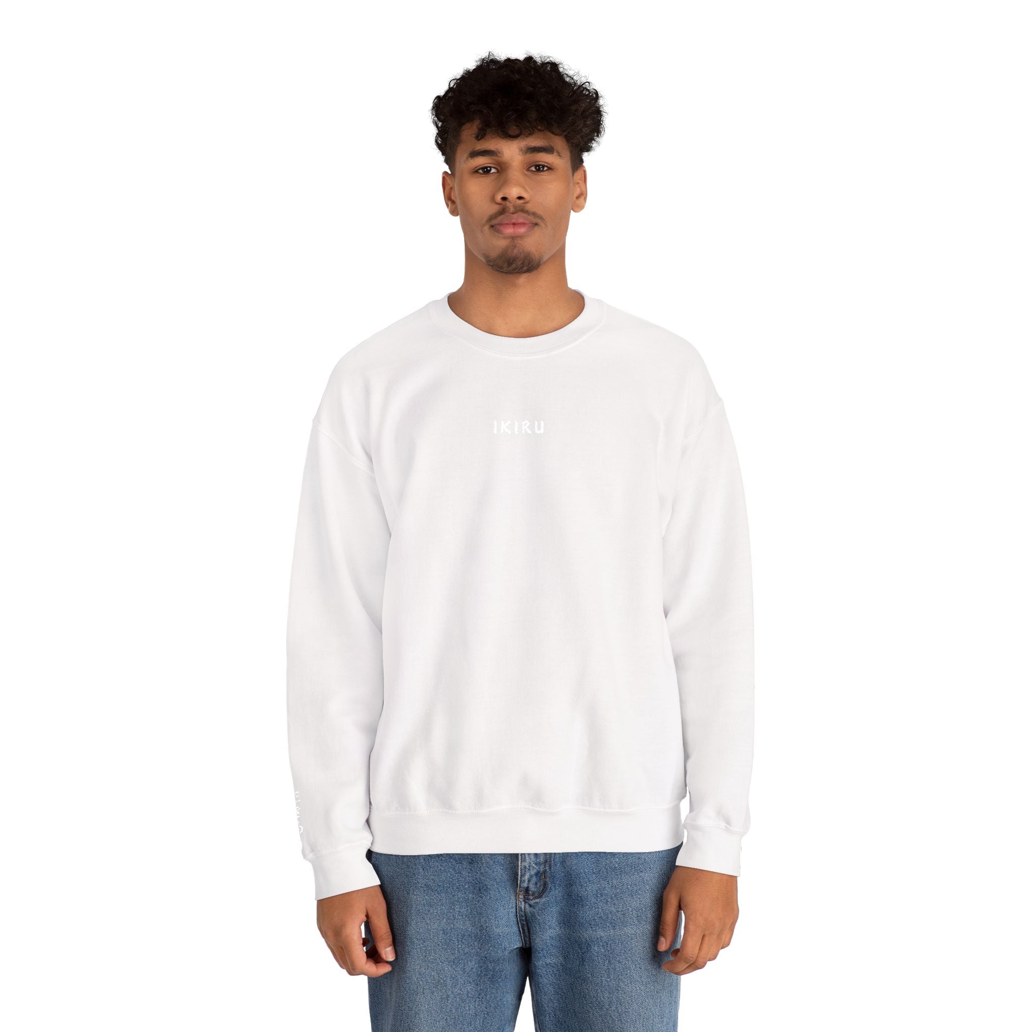 Person wearing a white sweatshirt with IKIRU logo on a white background