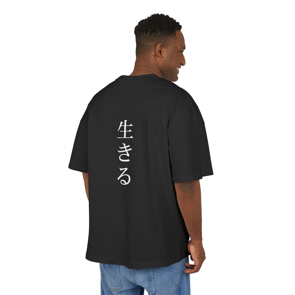 Man wearing a black t-shirt with white text on the back, standing against a white background