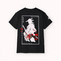 Black t-shirt with a japanese samurai and blossom graphic design from 'IKIRU CLOTHING' on a white background