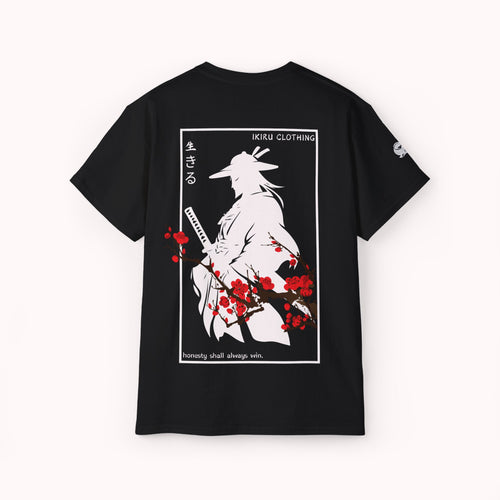 Black t-shirt with a japanese samurai and blossom graphic design from 'IKIRU CLOTHING' on a white background
