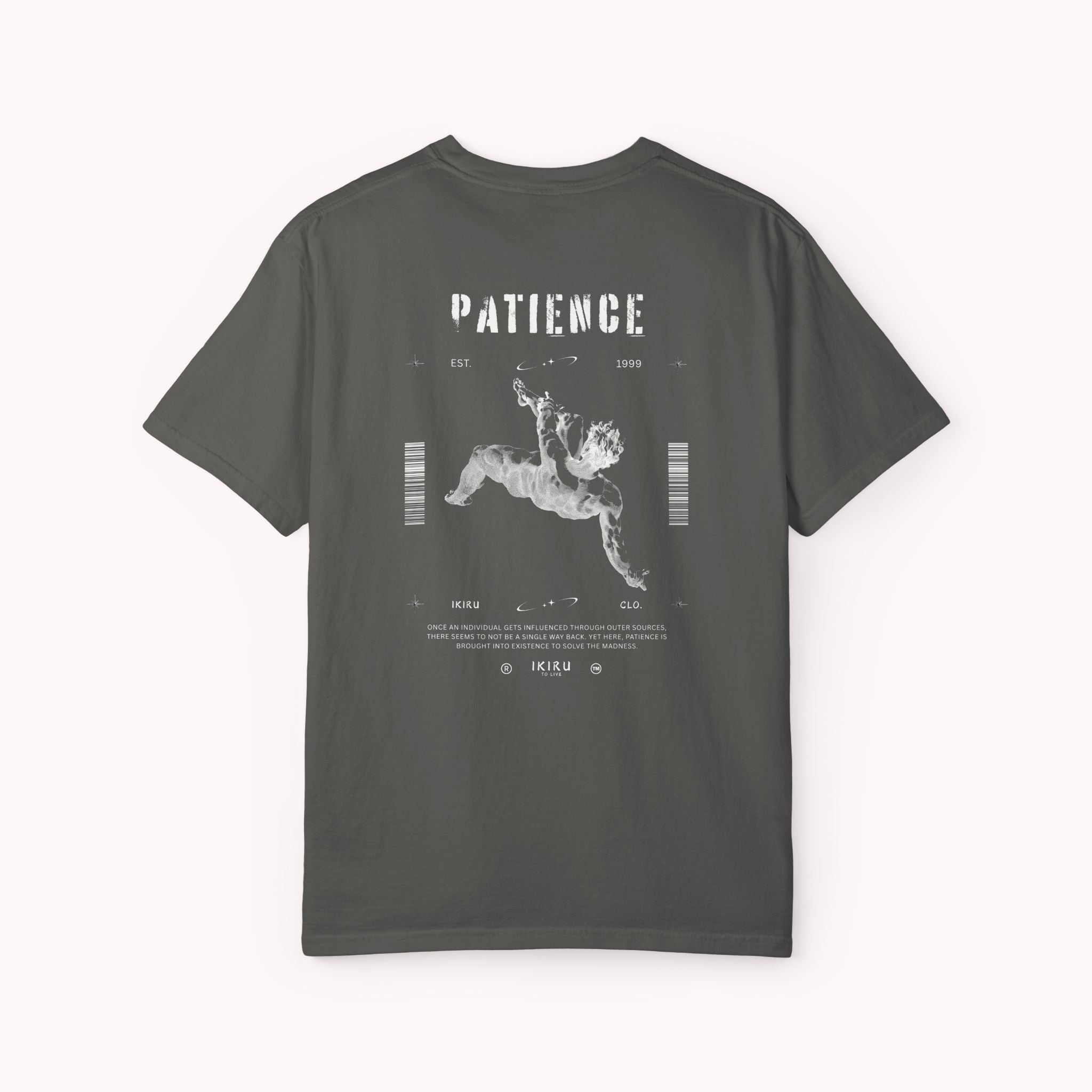 Gray t-shirt with black text on the back on a white background