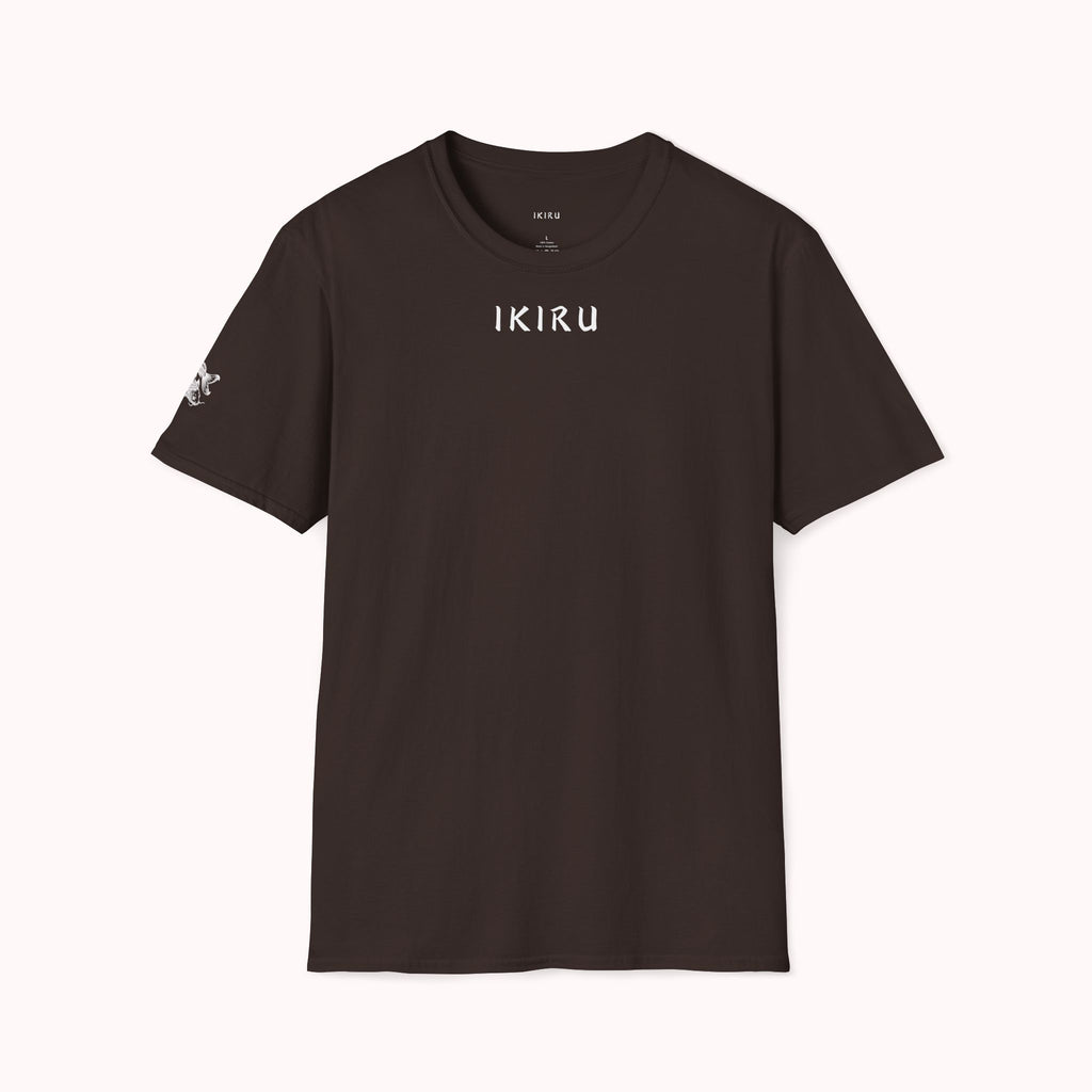 Brown t-shirt with 'IKIRU' logo on a white background
