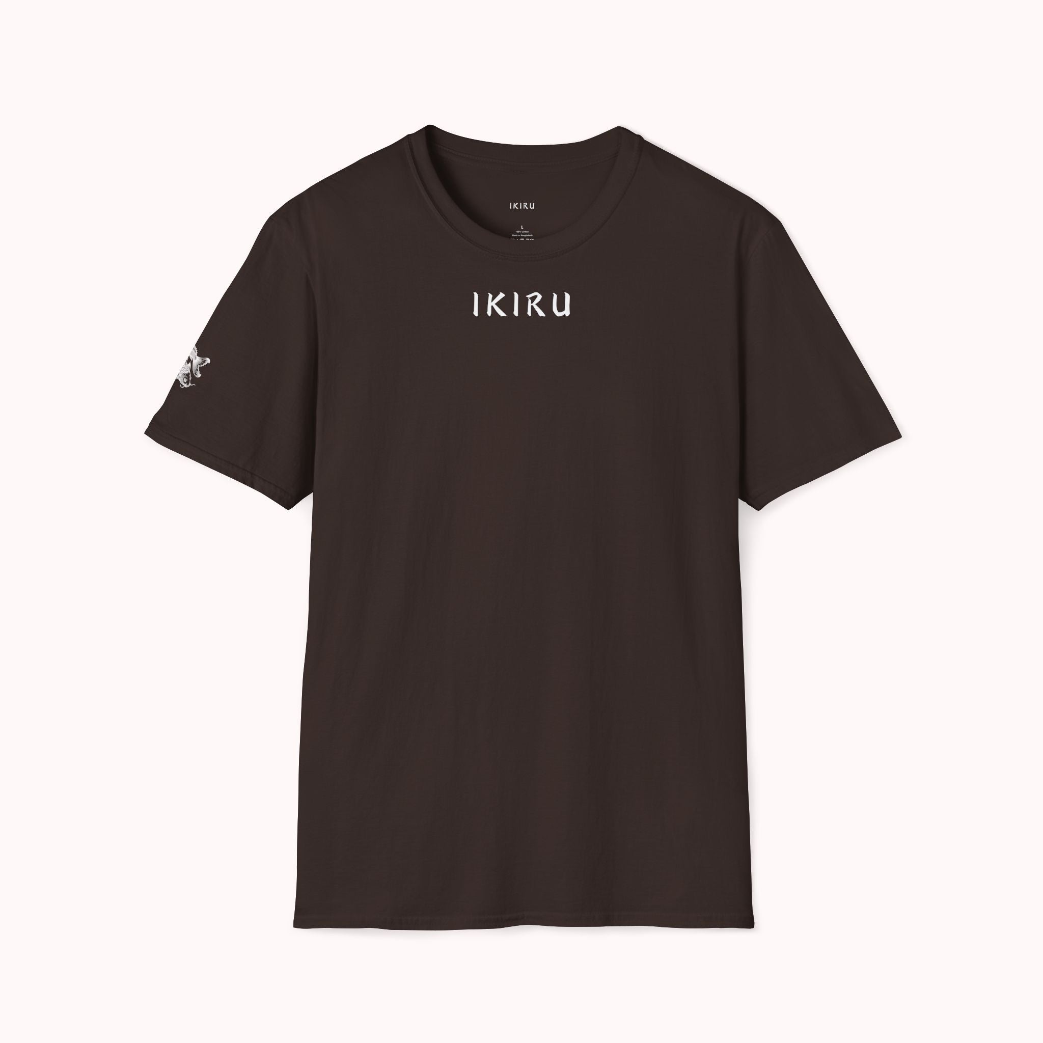 Brown t-shirt with 'IKIRU' logo on a white background