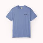 Blue t-shirt with a logo on a white background