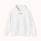 White hoodie with 'IKIRU' and mountain, samurai, and blossom tree design on the back saying 'un-influenceable' against a white background