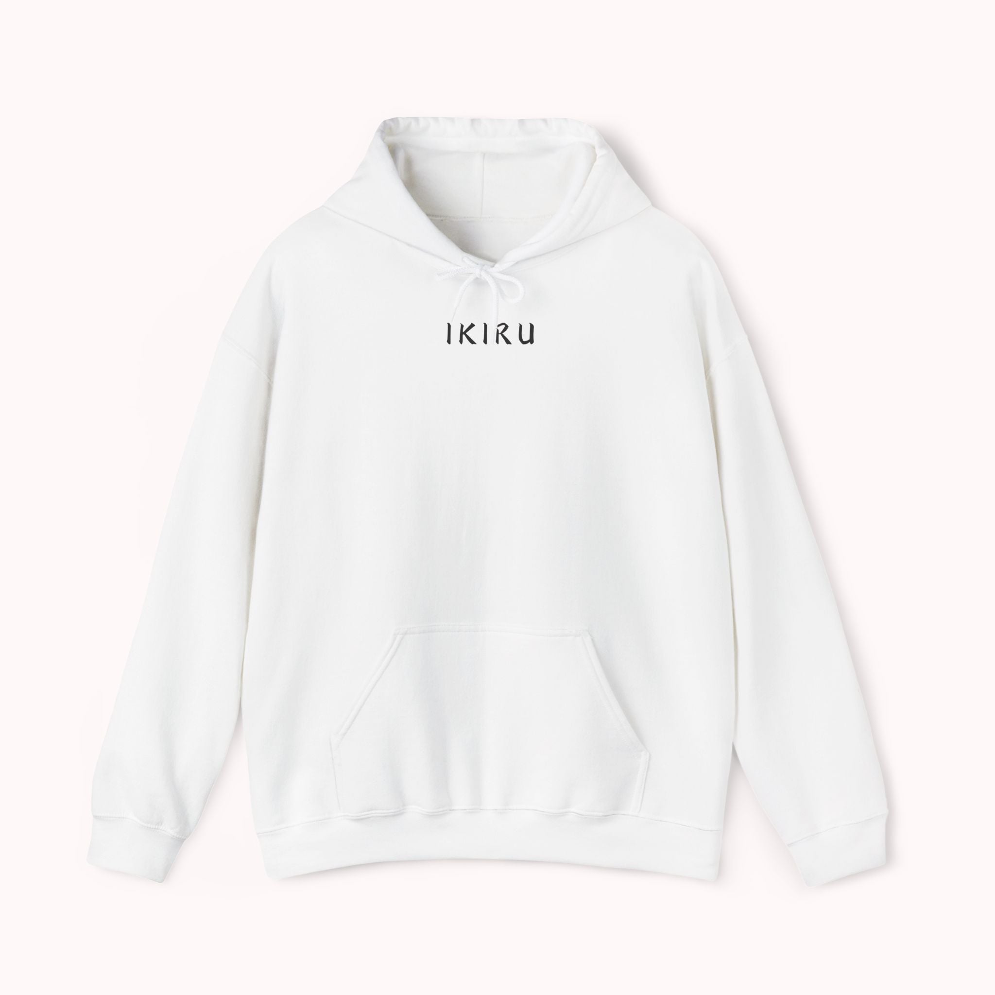 White hoodie with 'IKIRU' and mountain, samurai, and blossom tree design on the back saying 'un-influenceable' against a white background