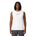 Man wearing a white sleeveless shirt with text on a white background