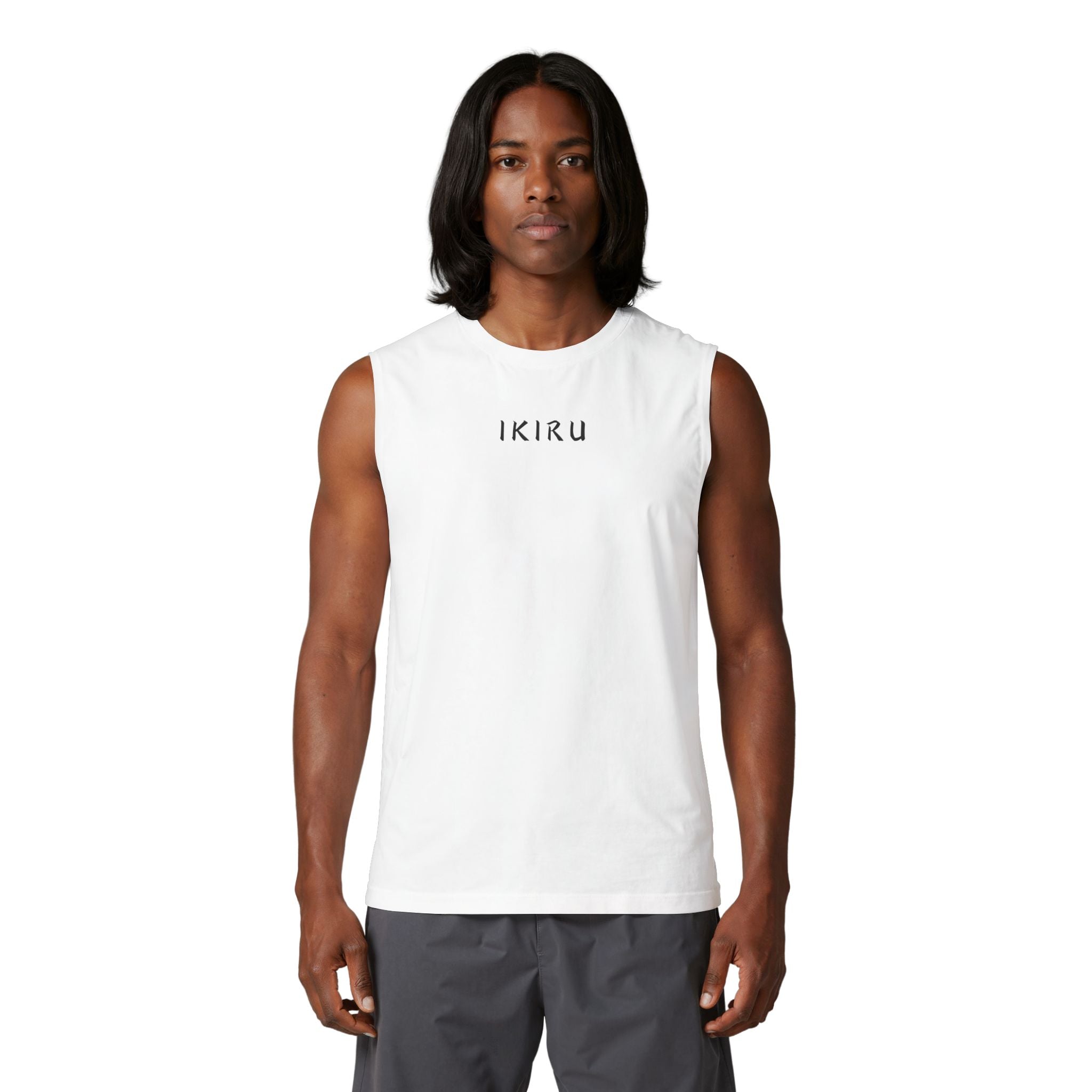 Man wearing a white sleeveless shirt with text on a white background