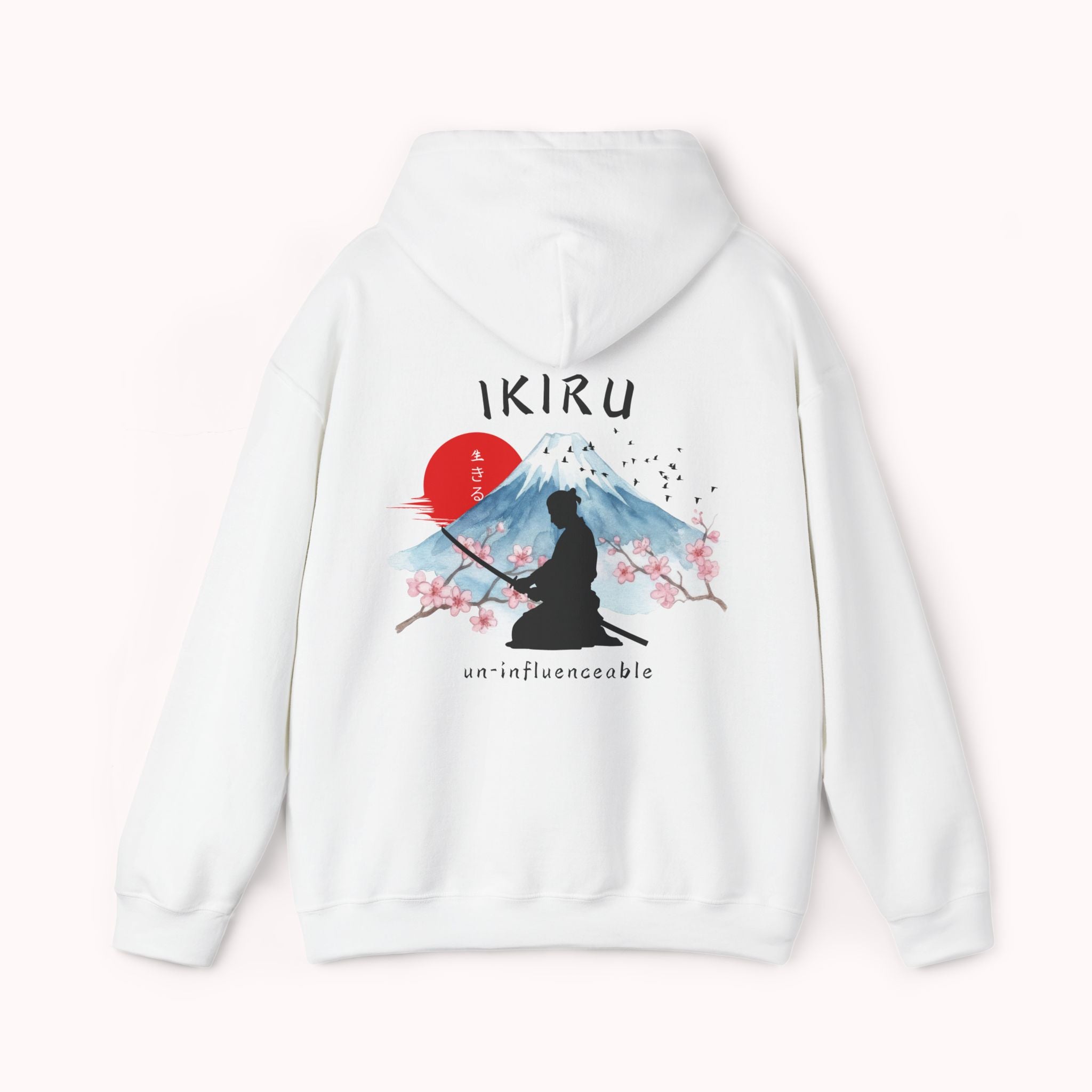 White hoodie with 'IKIRU' and mountain, samurai, and blossom tree design on the back saying 'un-influenceable' against a white background