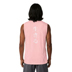 Person wearing a pink sleeveless shirt with 'kanji' text on the back, on a white background
