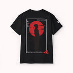 Black t-shirt with red and white graphic design on a white background