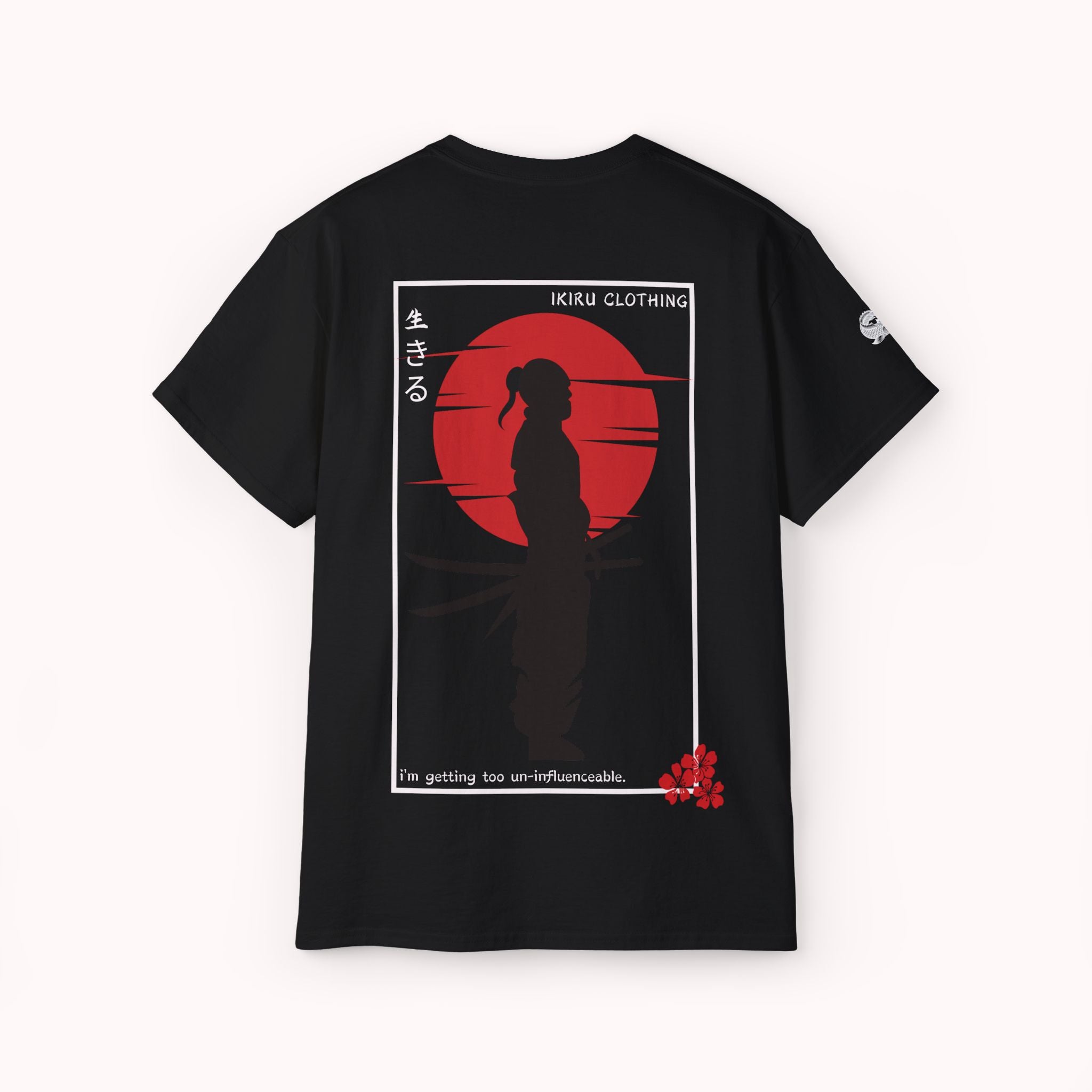 Black t-shirt with red and white graphic design on a white background