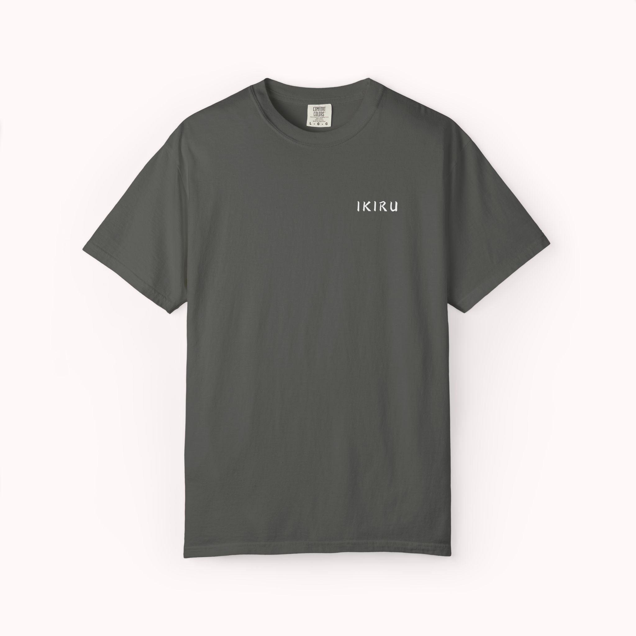 Gray t-shirt with a small logo on a white background