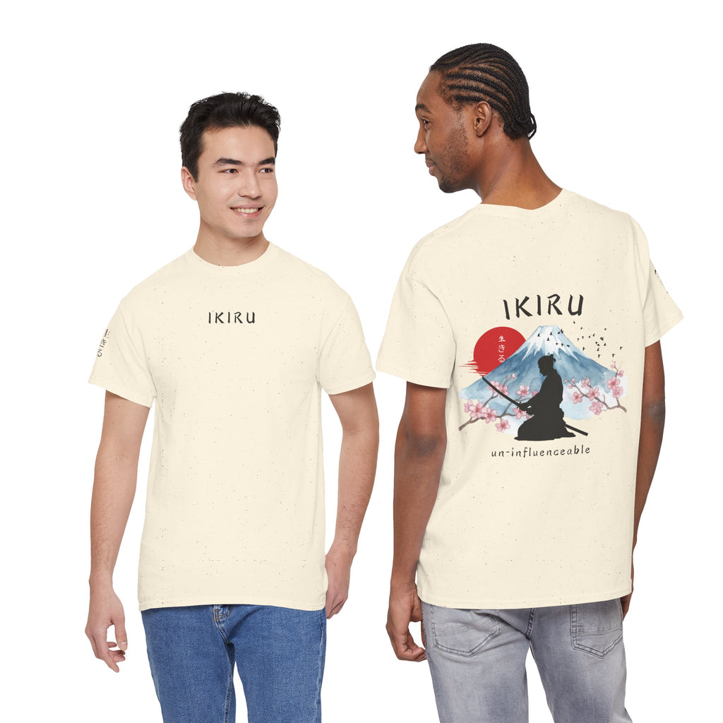 Two people wearing cream t-shirts with 'IKIRU' branding, one showing front design and the other showing back design.