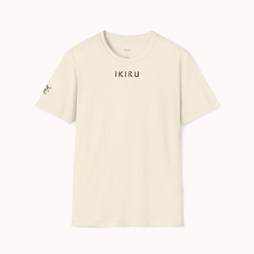 Beige t-shirt with 'IKIRU' branding on a white background