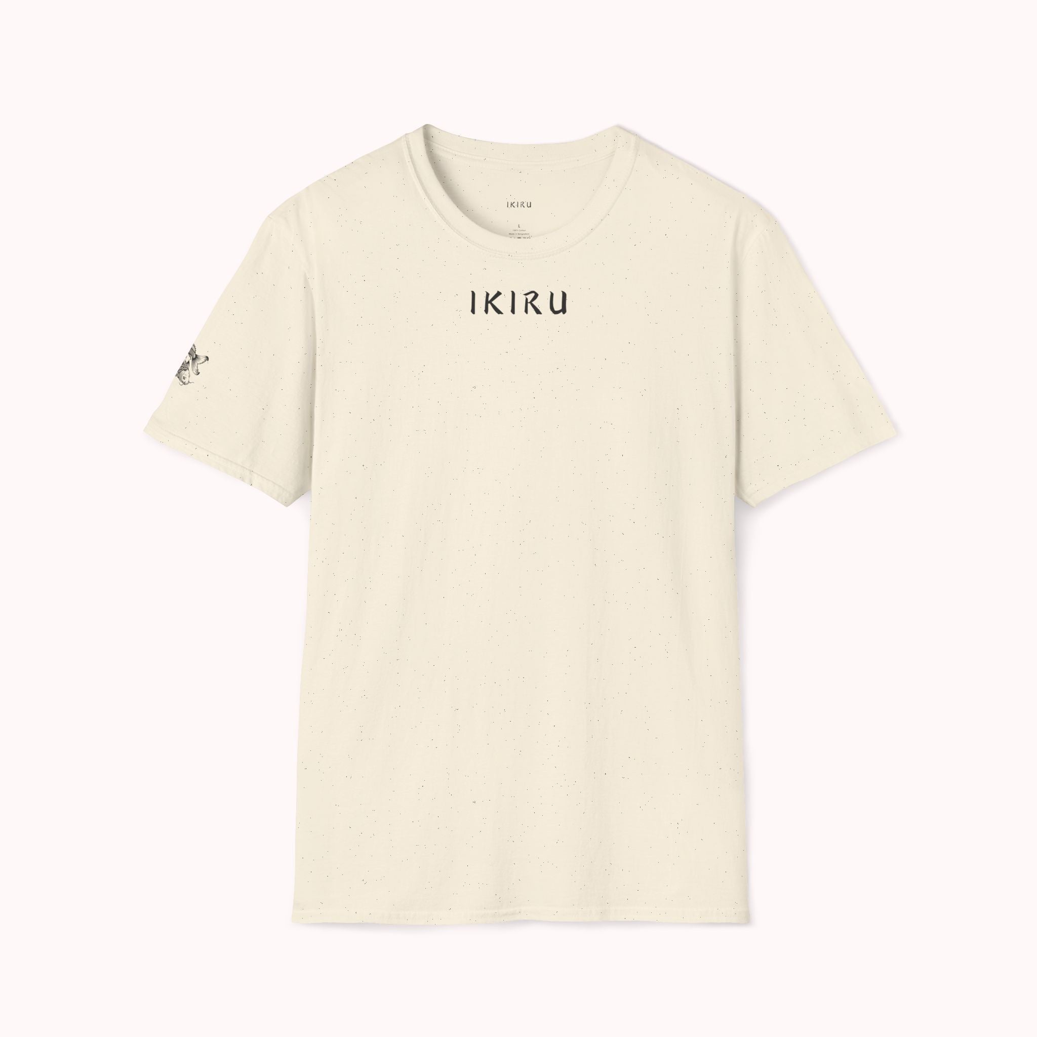 Beige t-shirt with 'IKIRU' branding on a white background